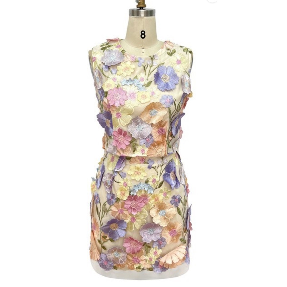 La' Ros Floral Embroidered 2 Piece Set Crop Top Mini Skirt Pastel 3D Flowers